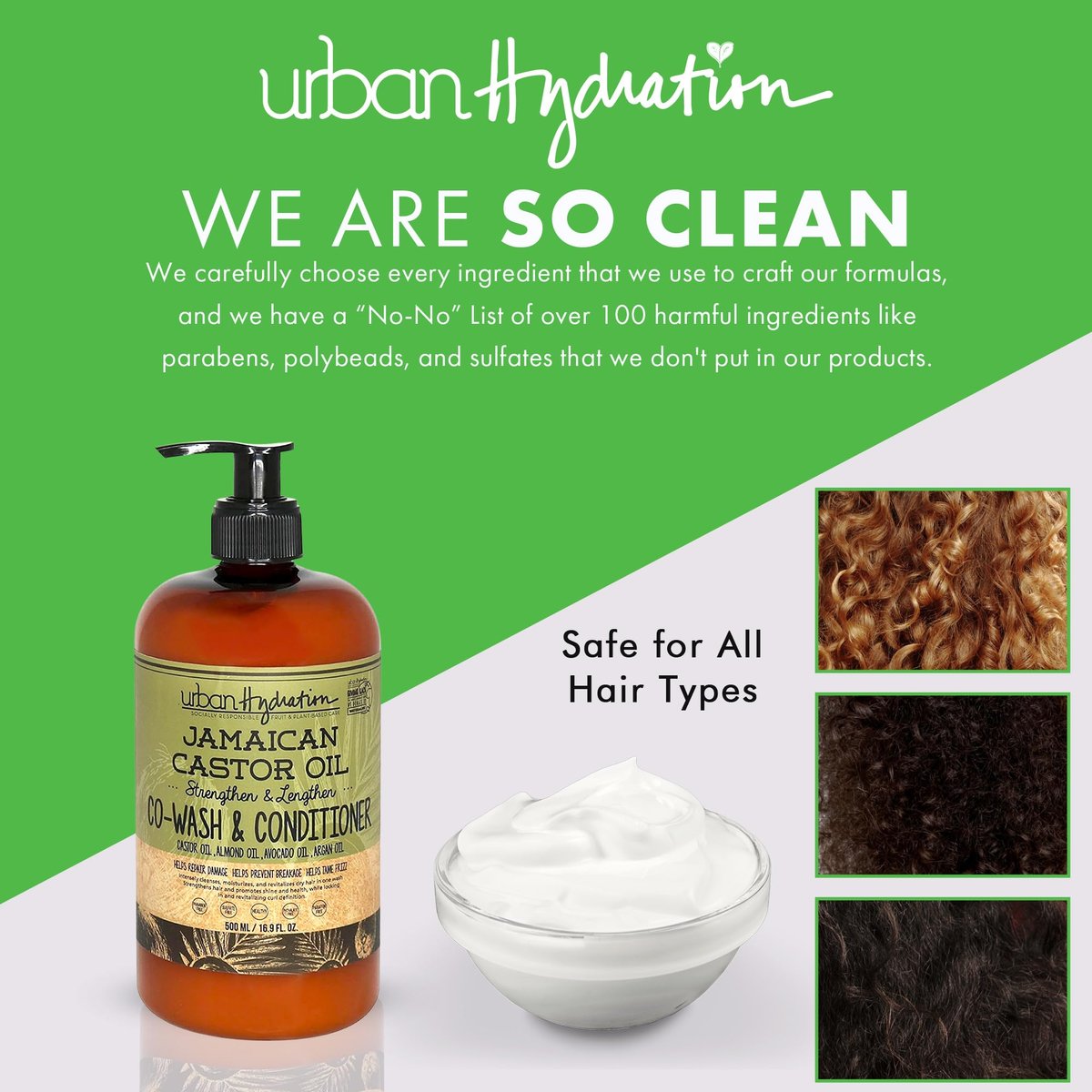 Urban Hydration Jamaican Castor Oil Co-Wash and Conditioner - Sulfate, Paraben & Dye Free - Cleanses, Hydrates & Repairs Damage for Soft, Strong & Shiny Hair - All Hair Types - 16.9 Fl Oz Avelisse