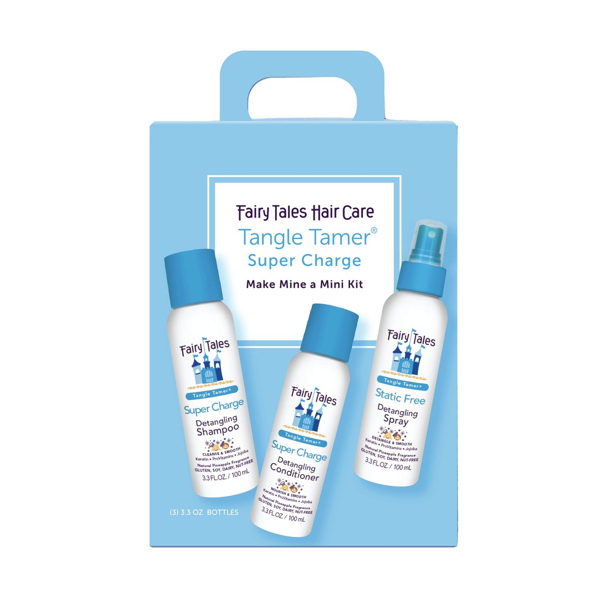 Fairy Tales Tangle Tamer Super Charge Detangling Shampoo, Conditioner & Spray Travel Kit for Kids - Paraben Free, Sulfate Free, Gluten Free, Nut Free - 3.3 oz (Pack of 3) Avelisse