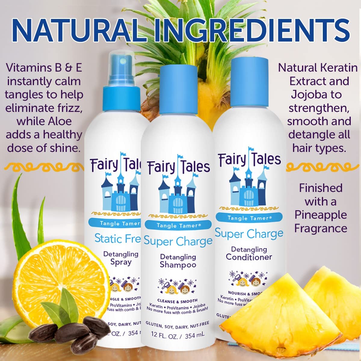 Fairy Tales Tangle Tamer Super Charge Detangling Shampoo, Conditioner & Spray Travel Kit for Kids - Paraben Free, Sulfate Free, Gluten Free, Nut Free - 3.3 oz (Pack of 3) Avelisse