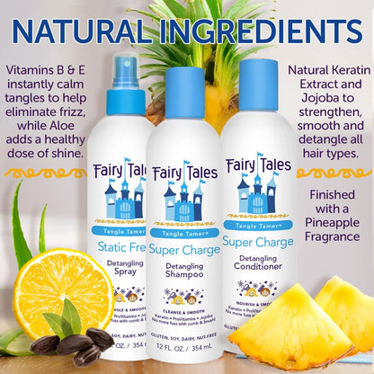Fairy Tales Tangle Tamer Super Charge Detangling Shampoo, Conditioner & Spray Travel Kit for Kids - Paraben Free, Sulfate Free, Gluten Free, Nut Free - 3.3 oz (Pack of 3) Avelisse