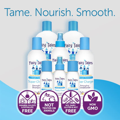 Fairy Tales Tangle Tamer Super Charge Detangling Shampoo, Conditioner & Spray Travel Kit for Kids - Paraben Free, Sulfate Free, Gluten Free, Nut Free - 3.3 oz (Pack of 3) Avelisse