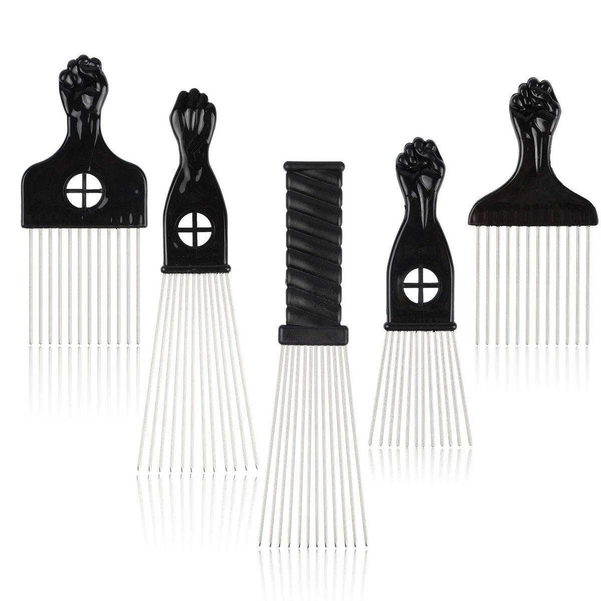 Folansy 5-Piece Metal Afro Pick Comb Set for Natural Hair Styling - Black - görsel 1
