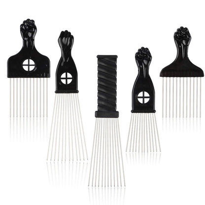 Folansy 5-Piece Metal Afro Pick Comb Set for Natural Hair Styling - Black