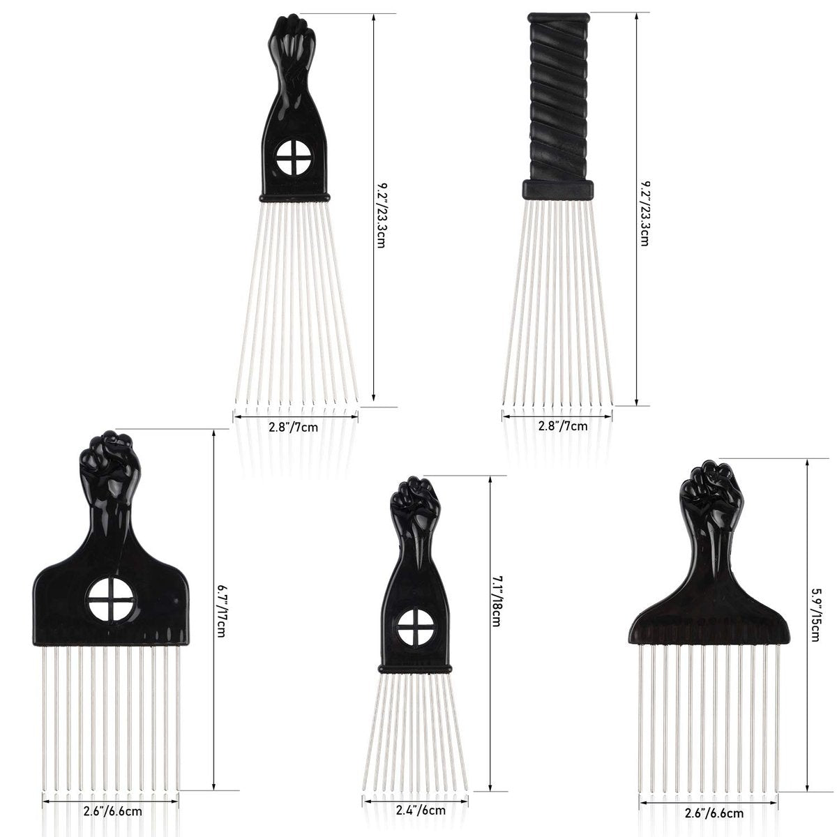 Folansy 5-Piece Metal Afro Pick Comb Set for Natural Hair Styling - Black - görsel 3