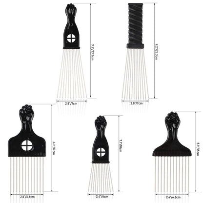 Folansy 5-Piece Metal Afro Pick Comb Set for Natural Hair Styling - Black