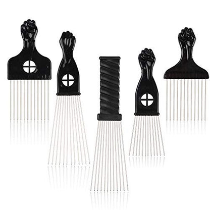Folansy 5-Piece Metal Afro Pick Comb Set for Natural Hair Styling - Black