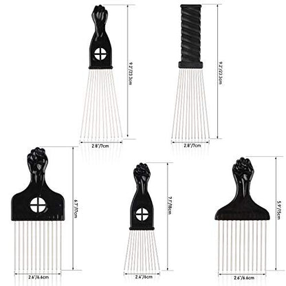 Folansy 5-Piece Metal Afro Pick Comb Set for Natural Hair Styling - Black