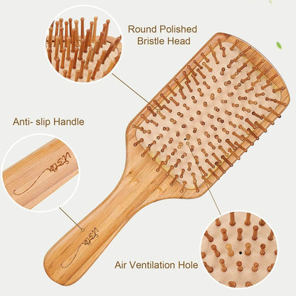 Bamboo Hair Brush and Comb Set for Long, Thick, Curly, Wavy, Dry or Damaged Hair – Reduces Breakage, Frizz and Tangles