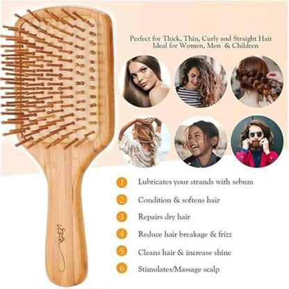 Bamboo Hair Brush and Comb Set for Long, Thick, Curly, Wavy, Dry or Damaged Hair – Reduces Breakage, Frizz and Tangles