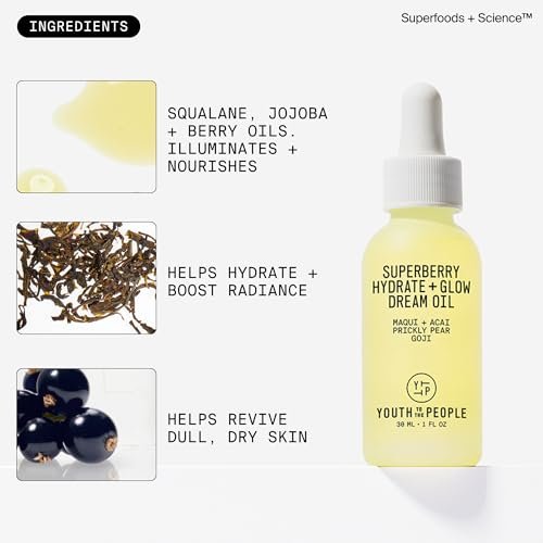 Youth To The People Superberry Hydrate + Glow Dream Face Oil - Revives Dull & Dry Skin, Boosts Radiance, Hydrating, Ultra-Lightweight, Vitamin C, Squalane, Omega Oils, Vegan - 1 fl oz Avelisse