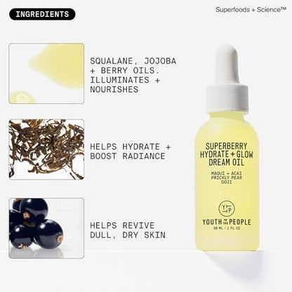Youth To The People Superberry Hydrate + Glow Dream Face Oil - Revives Dull & Dry Skin, Boosts Radiance, Hydrating, Ultra-Lightweight, Vitamin C, Squalane, Omega Oils, Vegan - 1 fl oz Avelisse