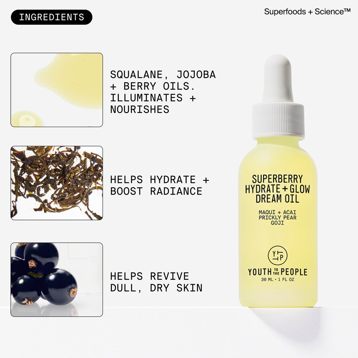 Youth To The People Superberry Hydrate + Glow Dream Face Oil - Revives Dull & Dry Skin, Boosts Radiance, Hydrating, Ultra-Lightweight, Vitamin C, Squalane, Omega Oils, Vegan - 1 fl oz Avelisse