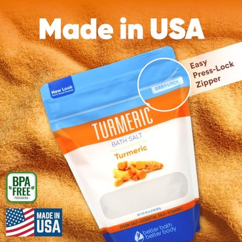 Turmeric Bath Salt 32 oz – Epsom Salt with Essential Oils & Vitamin C, Natural Bath Soak for Muscle Relief & Soothe, BPA-Free Pouch with Press-Lock Zipper, Made in USA Avelisse
