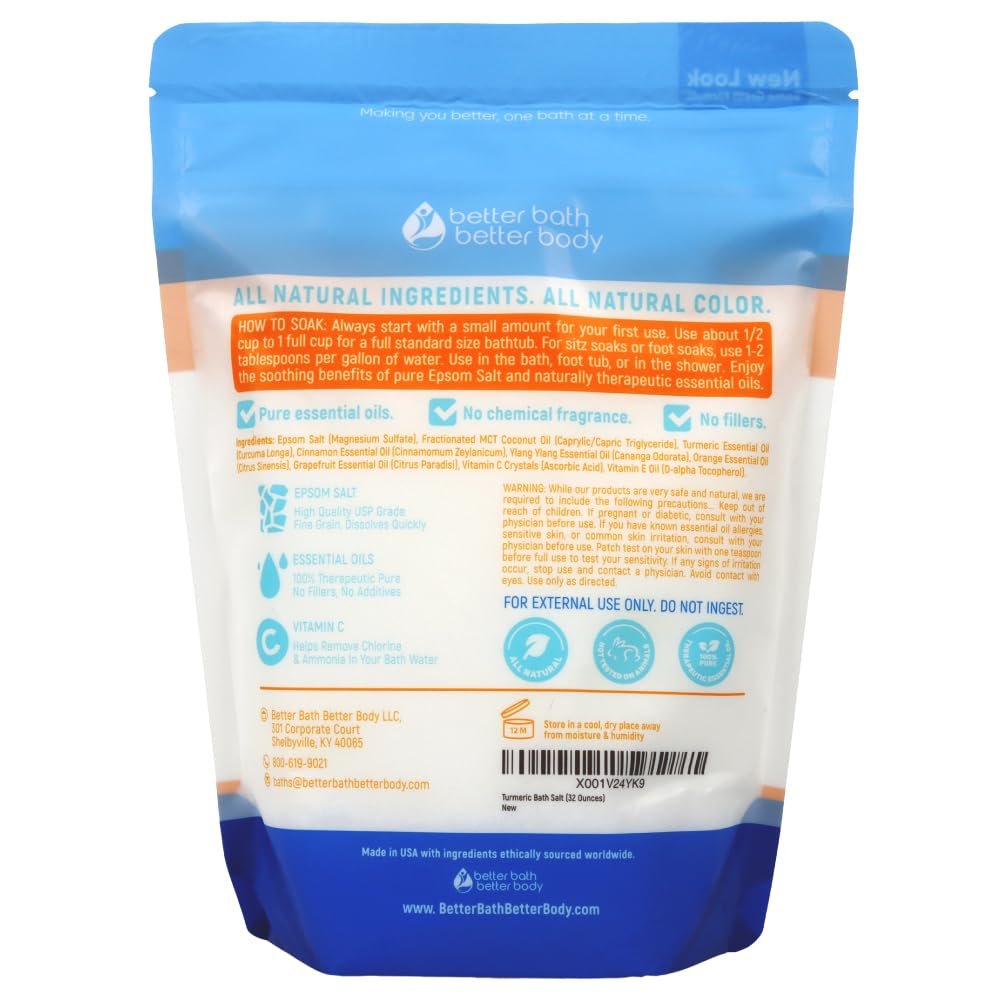 Turmeric Bath Salt 32 oz – Epsom Salt with Essential Oils & Vitamin C, Natural Bath Soak for Muscle Relief & Soothe, BPA-Free Pouch with Press-Lock Zipper, Made in USA Avelisse