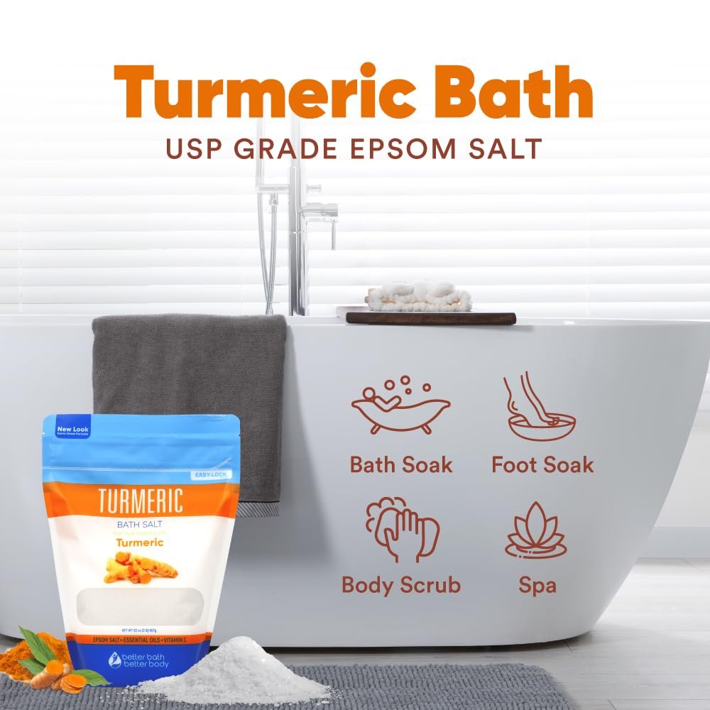 Turmeric Bath Salt 32 oz – Epsom Salt with Essential Oils & Vitamin C, Natural Bath Soak for Muscle Relief & Soothe, BPA-Free Pouch with Press-Lock Zipper, Made in USA Avelisse