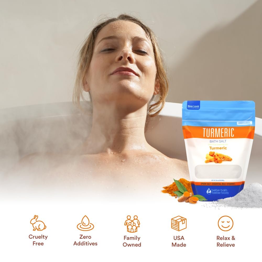 Turmeric Bath Salt 32 oz – Epsom Salt with Essential Oils & Vitamin C, Natural Bath Soak for Muscle Relief & Soothe, BPA-Free Pouch with Press-Lock Zipper, Made in USA Avelisse