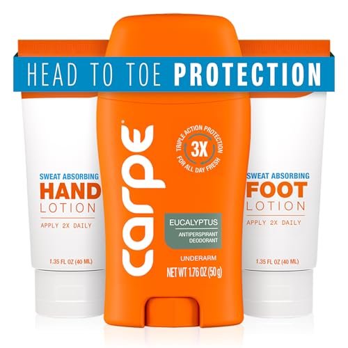 Carpe Head to Toe Bundle – Antiperspirant Deodorant for Underarms, Sweat Absorbing Hand & Foot Lotion – Manage Sweat & Odor – Eucalyptus Scent Avelisse