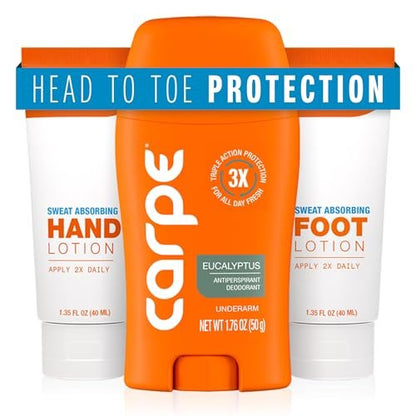 Carpe Head to Toe Bundle – Antiperspirant Deodorant for Underarms, Sweat Absorbing Hand & Foot Lotion – Manage Sweat & Odor – Eucalyptus Scent Avelisse