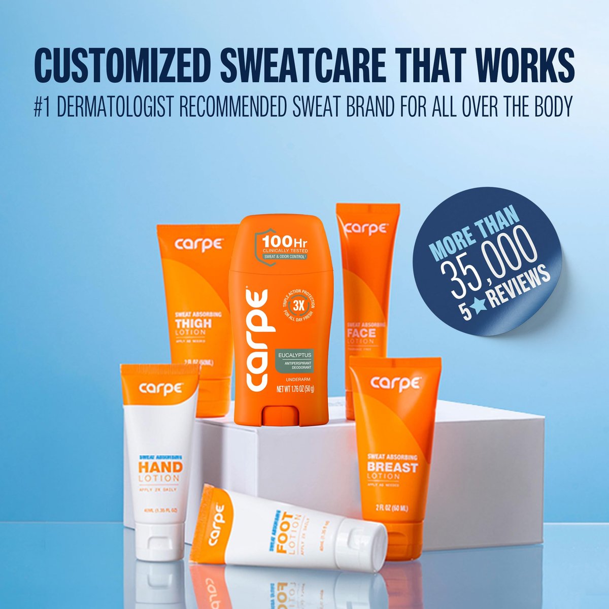 Carpe Head to Toe Bundle – Antiperspirant Deodorant for Underarms, Sweat Absorbing Hand & Foot Lotion – Manage Sweat & Odor – Eucalyptus Scent Avelisse