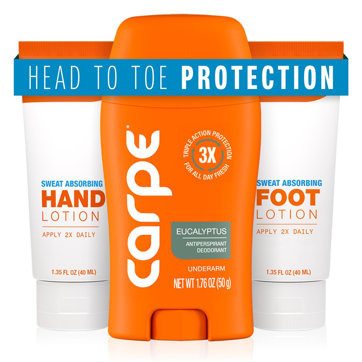 Carpe Head to Toe Bundle – Antiperspirant Deodorant for Underarms, Sweat Absorbing Hand & Foot Lotion – Manage Sweat & Odor – Eucalyptus Scent Avelisse