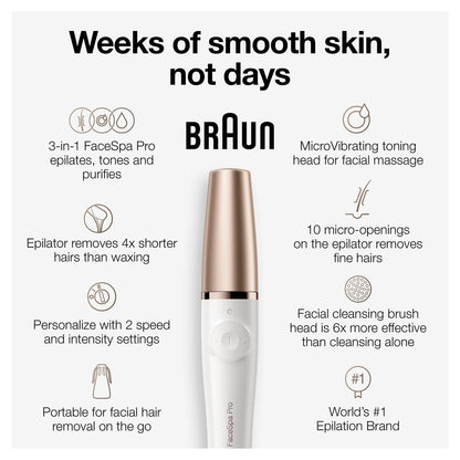 Braun Face Epilator Facespa Pro 911 - 3-in-1 Facial Hair Removal, Cleansing, and Skin Toning Device for Women Avelisse