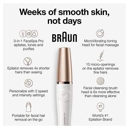 Braun Face Epilator Facespa Pro 911 - 3-in-1 Facial Hair Removal, Cleansing, and Skin Toning Device for Women Avelisse