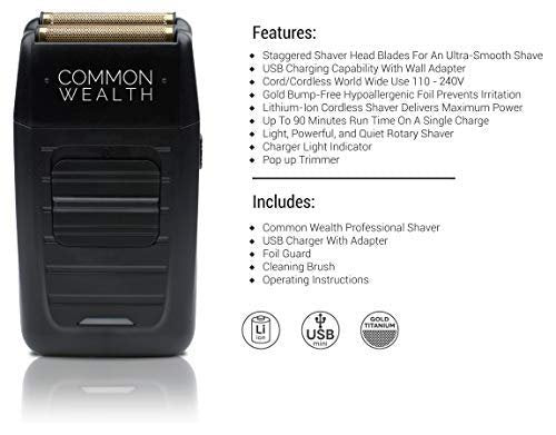 Common Wealth Professional Gold Foil Shaver - Cordless Hypoallergenic Bump Free Trimmer for Beard, Neckline & Tapered Fades - görsel 2