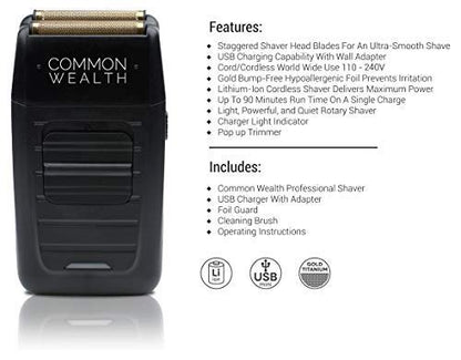 Common Wealth Professional Gold Foil Shaver - Cordless Hypoallergenic Bump Free Trimmer for Beard, Neckline & Tapered Fades