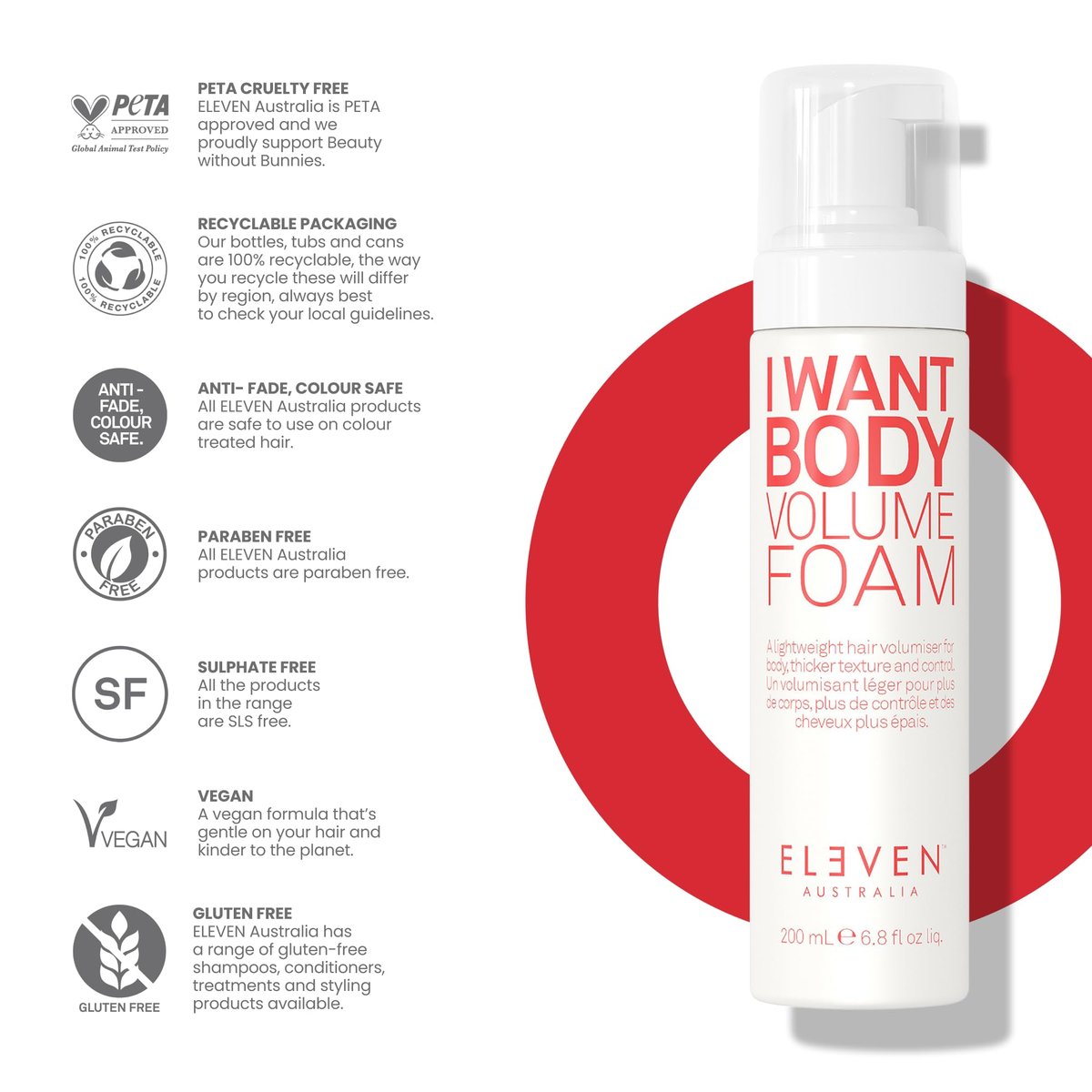 ELEVEN AUSTRALIA I Want Body Volume Foam - Lightweight Mousse for Hair Styling, Adds Volume, Lift & Texture, Ideal for Fine to Medium Hair Types - 6.8 fl oz Avelisse