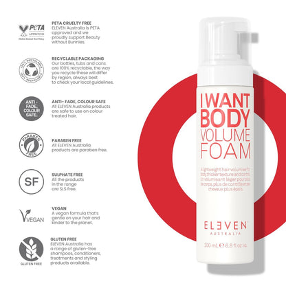 ELEVEN AUSTRALIA I Want Body Volume Foam - Lightweight Mousse for Hair Styling, Adds Volume, Lift & Texture, Ideal for Fine to Medium Hair Types - 6.8 fl oz Avelisse
