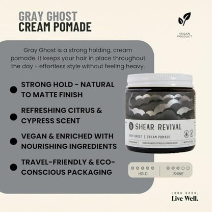 Shear Revival Gray Ghost Cream Pomade - Strong Hold, Natural Matte Finish, Vegan & All Natural - 3.4 oz Avelisse