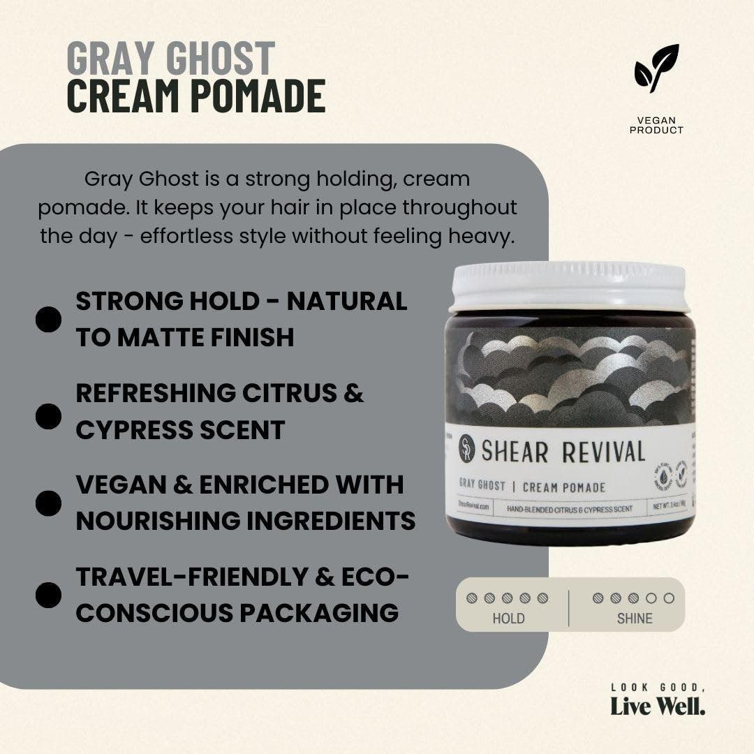Shear Revival Gray Ghost Cream Pomade - Strong Hold, Natural Matte Finish, Vegan & All Natural - 3.4 oz Avelisse