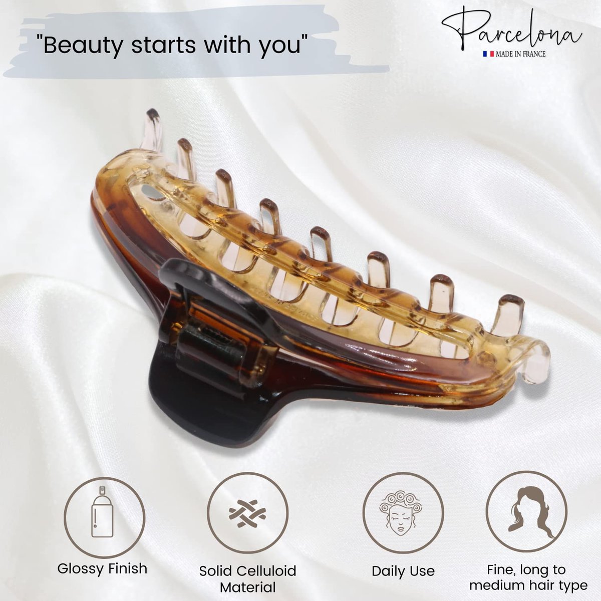 Parcelona French Slim Double Shaded Crystal Clear Tortoise Shell Celluloid Small Hairgrips Claw Clip for Fine Hair - Women & Girls - görsel 3