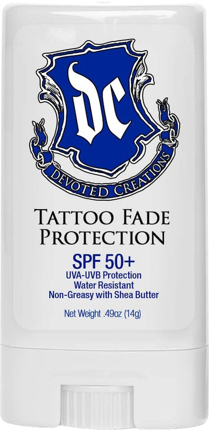Devoted Creations Tattoo Fade Protection Stick SPF 50+ – Water Resistant, Non-Greasy with Shea Butter (0.49 oz)