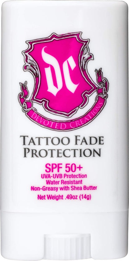 Devoted Creations Tattoo Fade Protection Stick SPF 50+ – Water Resistant, Non-Greasy with Shea Butter (0.49 oz)