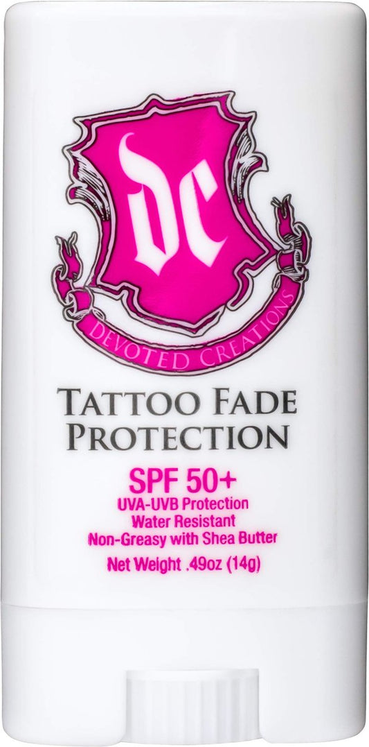 Devoted Creations Tattoo Fade Protection Stick SPF 50+ – Water Resistant, Non-Greasy with Shea Butter (0.49 oz)