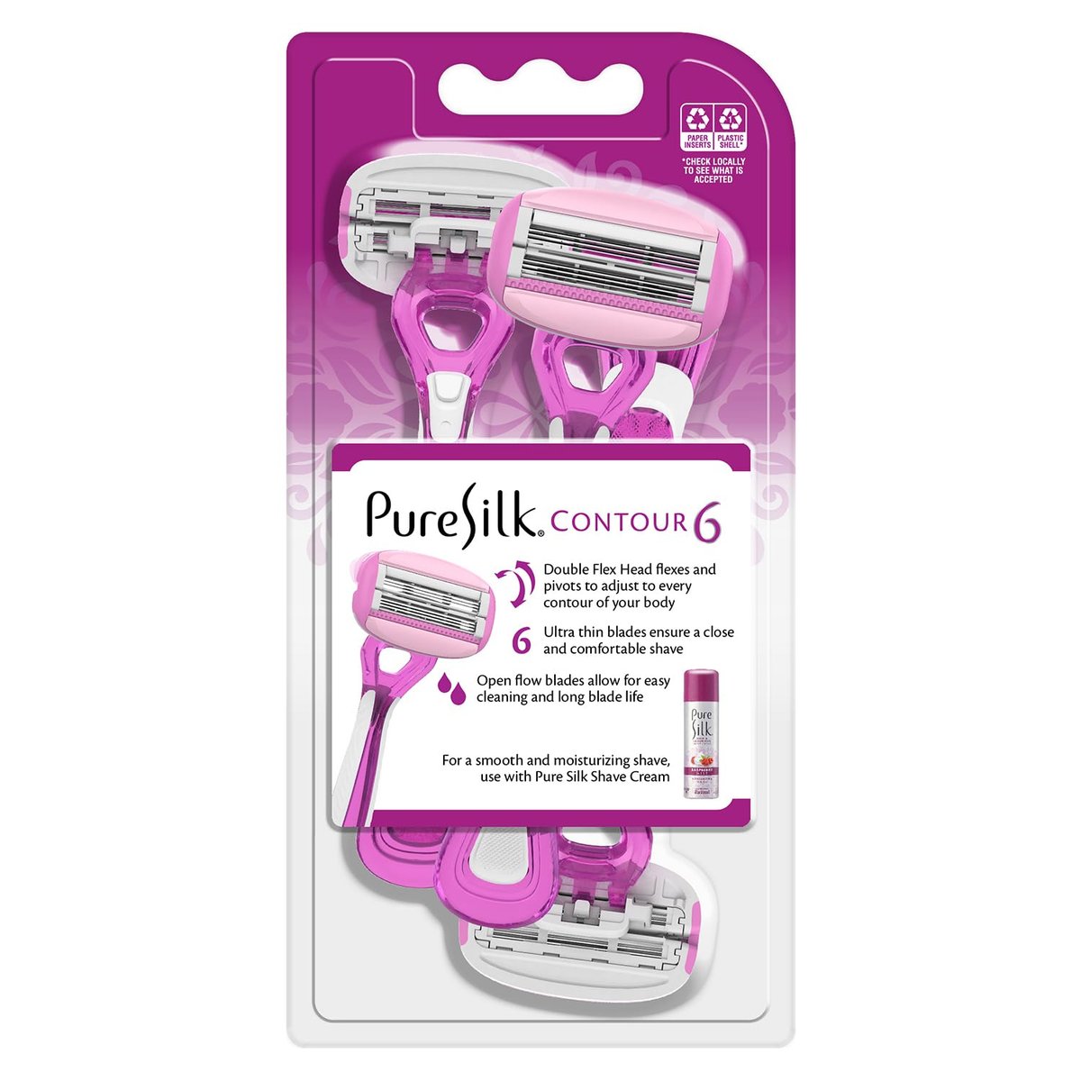Pure Silk Contour 6 Disposable Razors for Women – 6-Blade Premium Razor Value Pack with Double-Flex Pivoting Head, Dual Moisture Bars Infused with Aloe, Vitamin E, Argan Oil – 3 Packs (9 Total Razors) Avelisse