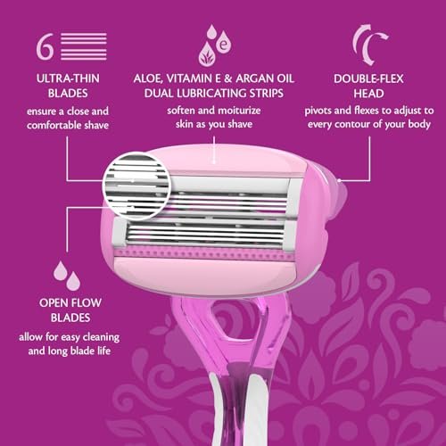Pure Silk Contour 6 Disposable Razors for Women – 6-Blade Premium Razor Value Pack with Double-Flex Pivoting Head, Dual Moisture Bars Infused with Aloe, Vitamin E, Argan Oil – 3 Packs (9 Total Razors) Avelisse