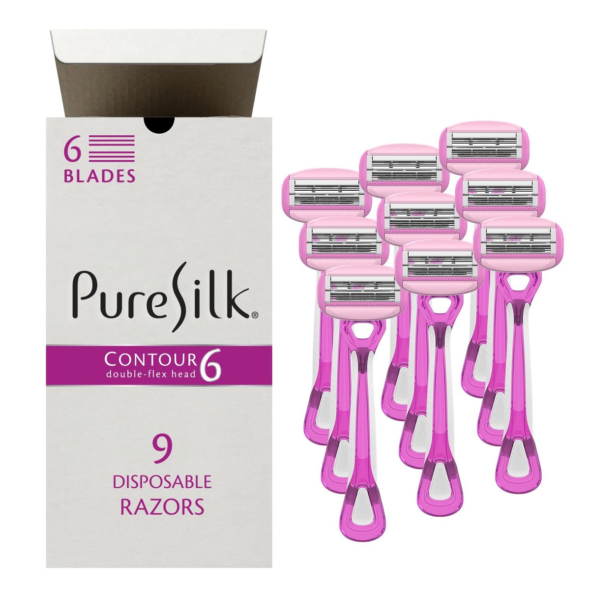 Pure Silk Contour 6 Disposable Razors for Women – 6-Blade Premium Razor Value Pack with Double-Flex Pivoting Head, Dual Moisture Bars Infused with Aloe, Vitamin E, Argan Oil – 3 Packs (9 Total Razors) Avelisse