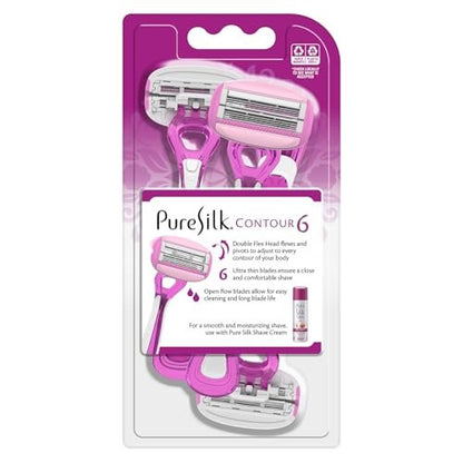 Pure Silk Contour 6 Disposable Razors for Women – 6-Blade Premium Razor Value Pack with Double-Flex Pivoting Head, Dual Moisture Bars Infused with Aloe, Vitamin E, Argan Oil – 3 Packs (9 Total Razors) Avelisse