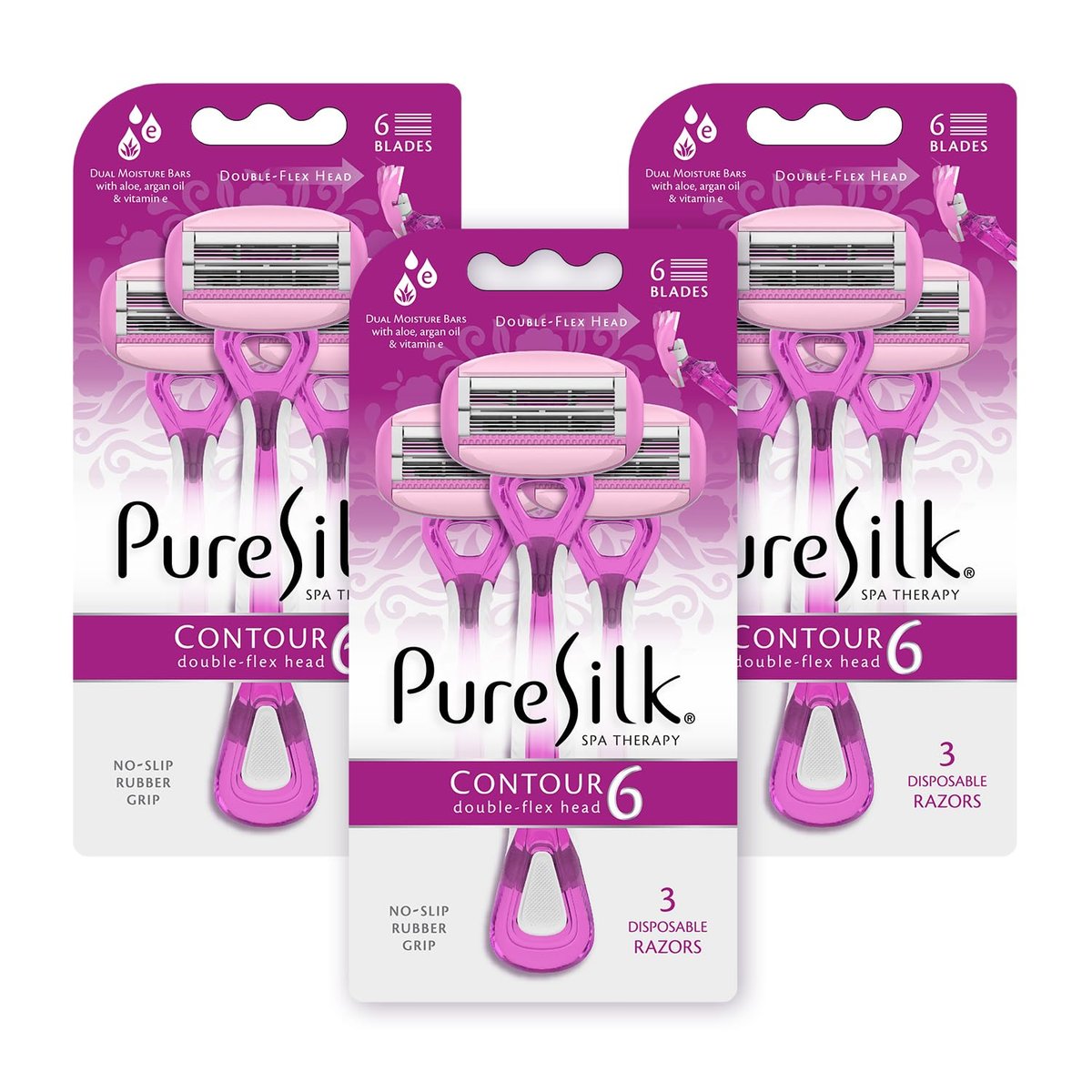 Pure Silk Contour 6 Disposable Razors for Women – 6-Blade Premium Razor Value Pack with Double-Flex Pivoting Head, Dual Moisture Bars Infused with Aloe, Vitamin E, Argan Oil – 3 Packs (9 Total Razors) Avelisse