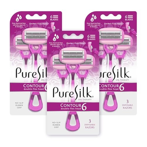 Pure Silk Contour 6 Disposable Razors for Women – 6-Blade Premium Razor Value Pack with Double-Flex Pivoting Head, Dual Moisture Bars Infused with Aloe, Vitamin E, Argan Oil – 3 Packs (9 Total Razors) Avelisse