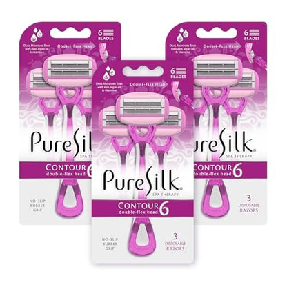 Pure Silk Contour 6 Disposable Razors for Women – 6-Blade Premium Razor Value Pack with Double-Flex Pivoting Head, Dual Moisture Bars Infused with Aloe, Vitamin E, Argan Oil – 3 Packs (9 Total Razors) Avelisse