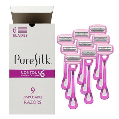 Pure Silk Contour 6 Disposable Razors for Women – 6-Blade Premium Razor Value Pack with Double-Flex Pivoting Head, Dual Moisture Bars Infused with Aloe, Vitamin E, Argan Oil – 3 Packs (9 Total Razors) Avelisse