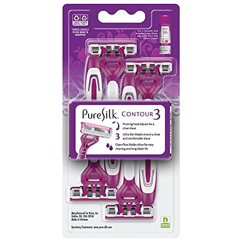 Pure Silk Contour 3 Disposable Razors for Women – 3-Blade Premium Razor Value Pack with Pivoting Head, Dual Moisture Bars Infused with Aloe, Vitamin E, Argan Oil – 3 Packs (9 Total Razors) Avelisse