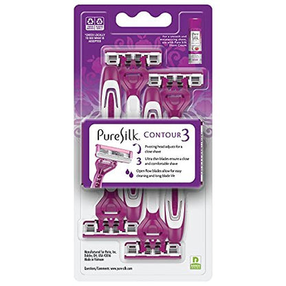 Pure Silk Contour 3 Disposable Razors for Women – 3-Blade Premium Razor Value Pack with Pivoting Head, Dual Moisture Bars Infused with Aloe, Vitamin E, Argan Oil – 3 Packs (9 Total Razors) Avelisse