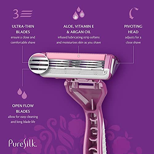 Pure Silk Contour 3 Disposable Razors for Women – 3-Blade Premium Razor Value Pack with Pivoting Head, Dual Moisture Bars Infused with Aloe, Vitamin E, Argan Oil – 3 Packs (9 Total Razors) Avelisse
