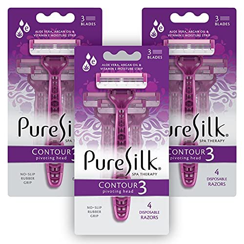Pure Silk Contour 3 Disposable Razors for Women – 3-Blade Premium Razor Value Pack with Pivoting Head, Dual Moisture Bars Infused with Aloe, Vitamin E, Argan Oil – 3 Packs (9 Total Razors) Avelisse