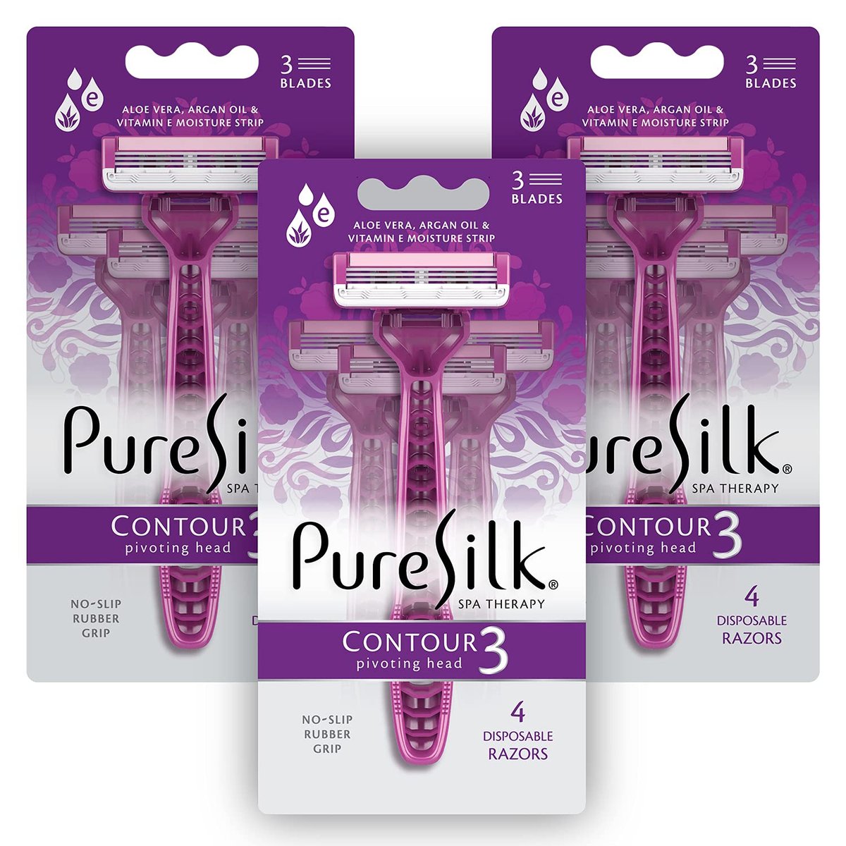 Pure Silk Contour 3 Disposable Razors for Women – 3-Blade Premium Razor Value Pack with Pivoting Head, Dual Moisture Bars Infused with Aloe, Vitamin E, Argan Oil – 3 Packs (9 Total Razors) Avelisse