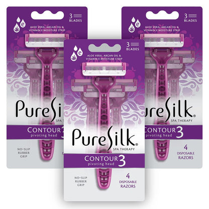 Pure Silk Contour 3 Disposable Razors for Women – 3-Blade Premium Razor Value Pack with Pivoting Head, Dual Moisture Bars Infused with Aloe, Vitamin E, Argan Oil – 3 Packs (9 Total Razors) Avelisse